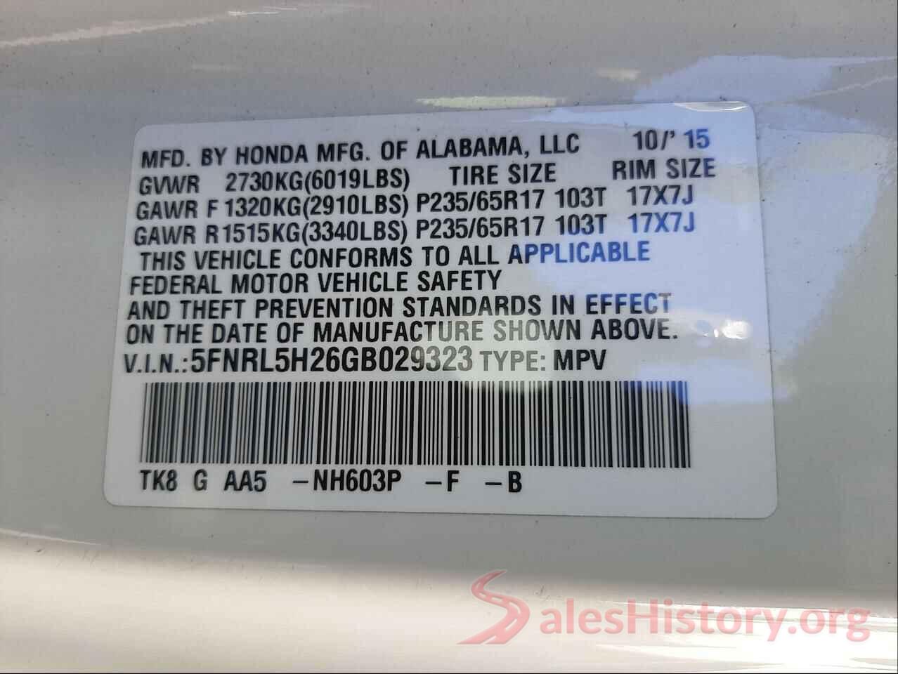 5FNRL5H26GB029323 2016 HONDA ODYSSEY