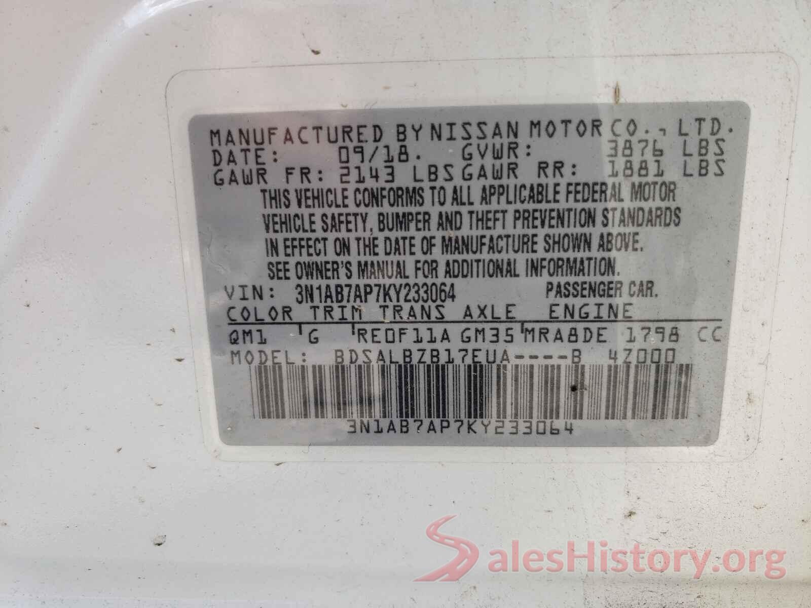 3N1AB7AP7KY233064 2019 NISSAN SENTRA