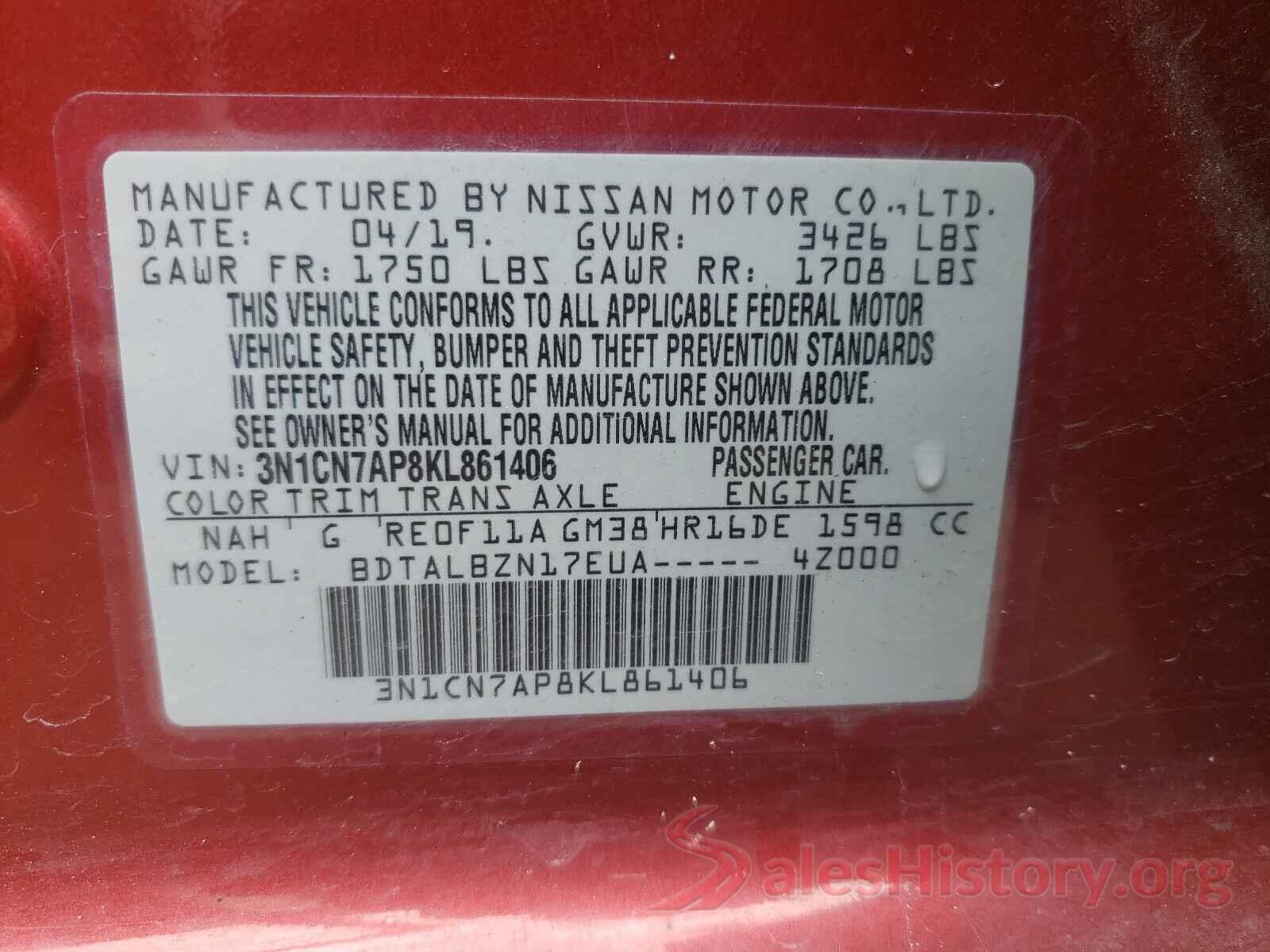 3N1CN7AP8KL861406 2019 NISSAN VERSA