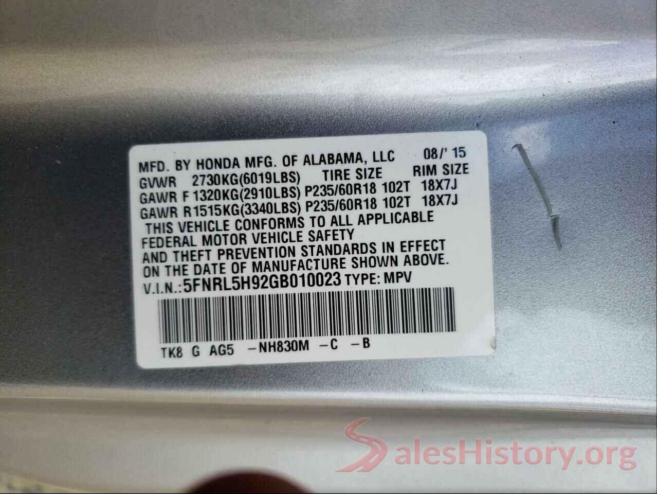 5FNRL5H92GB010023 2016 HONDA ODYSSEY