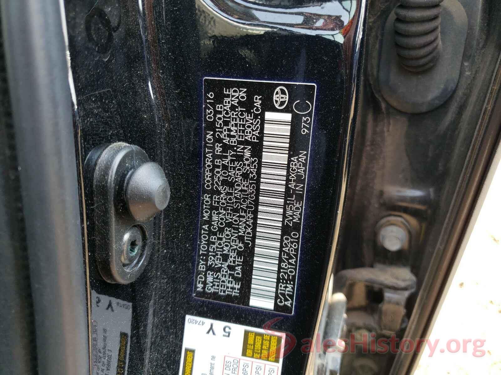 JTDKARFU7G3513453 2016 TOYOTA PRIUS