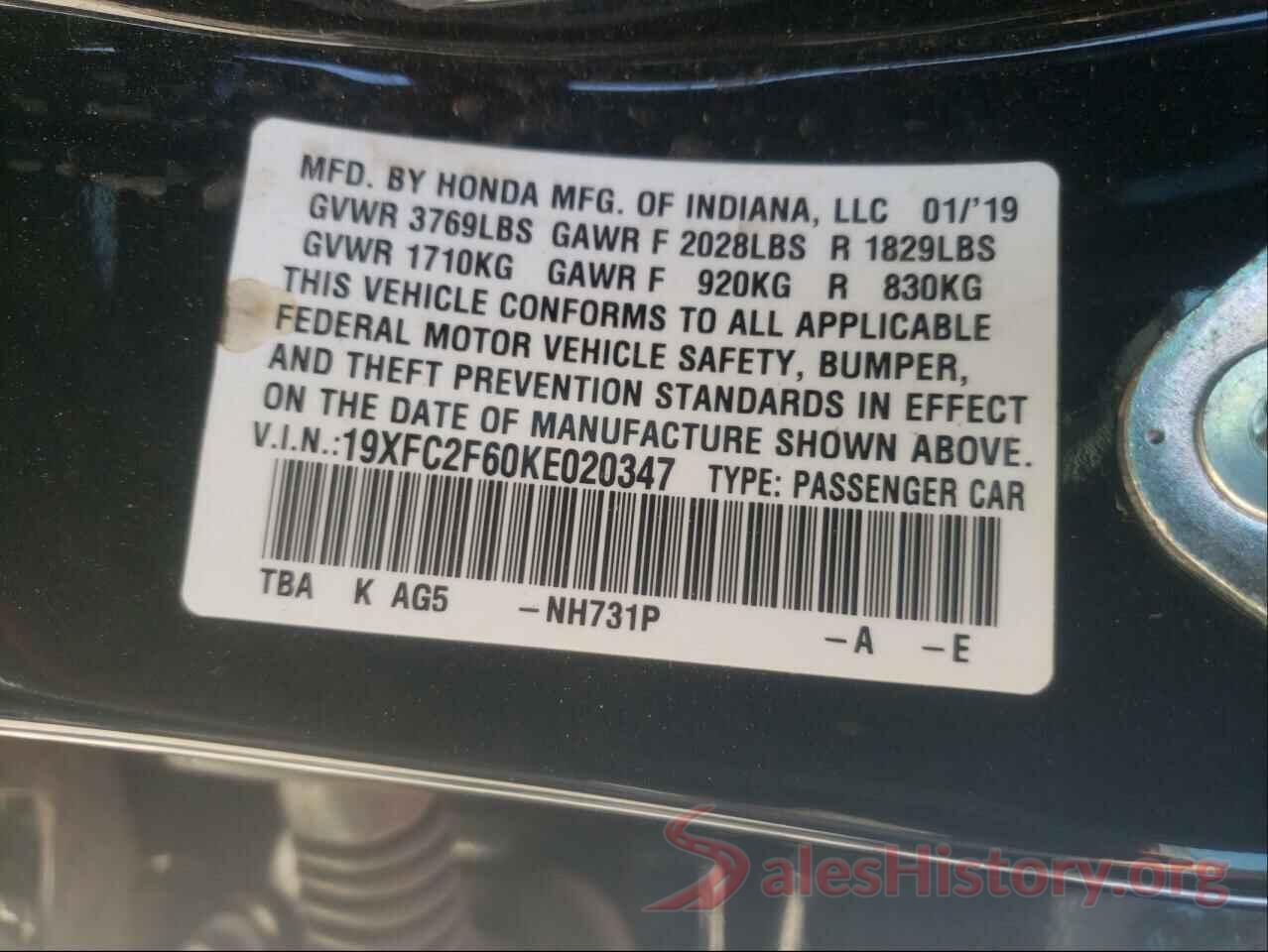 19XFC2F60KE020347 2019 HONDA CIVIC