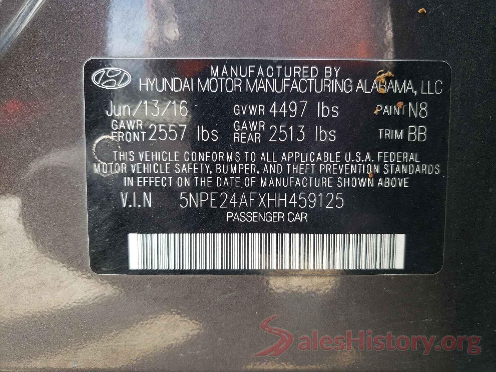 5NPE24AFXHH459125 2017 HYUNDAI SONATA