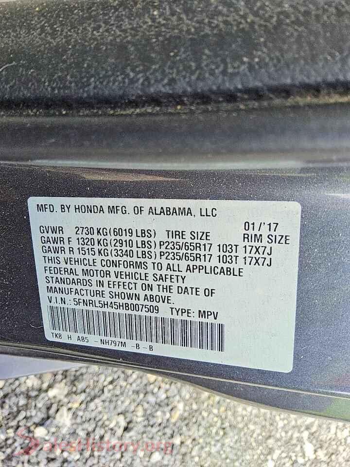 2017 HONDA ODYSSEY VIN 5FNRL5H45HB007509, trunk area