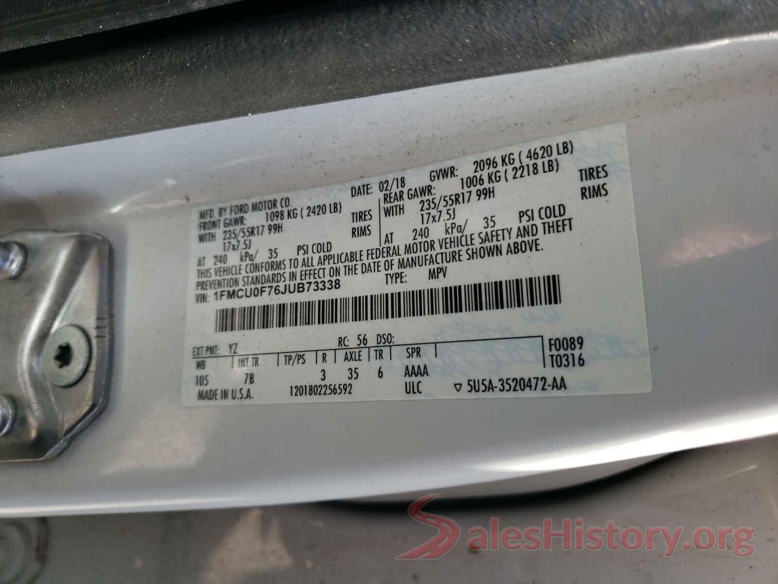 1FMCU0F76JUB73338 2018 FORD ESCAPE