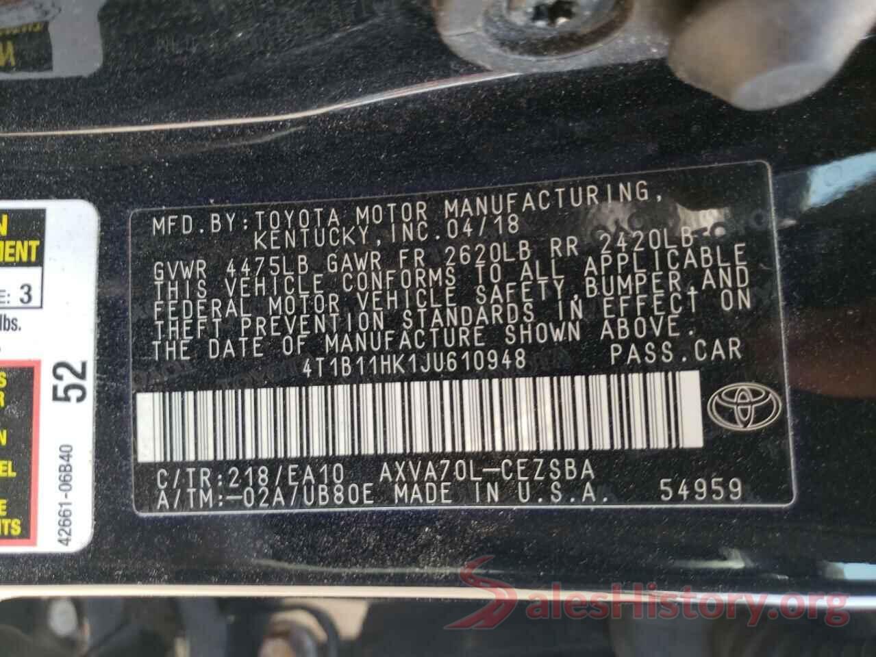 4T1B11HK1JU610948 2018 TOYOTA CAMRY