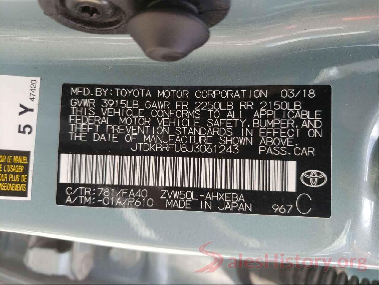 JTDKBRFU8J3061243 2018 TOYOTA PRIUS