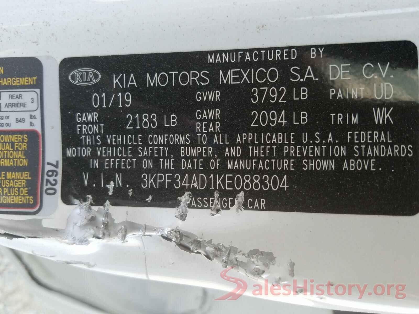 3KPF34AD1KE088304 2019 KIA FORTE