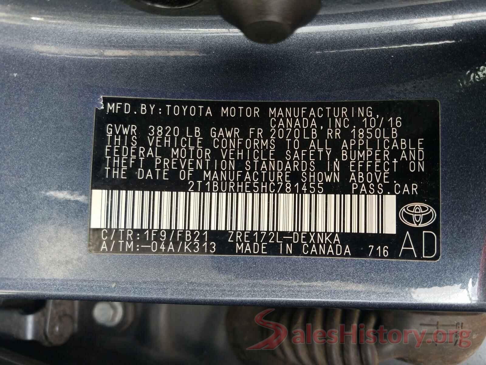 2T1BURHE5HC781455 2017 TOYOTA COROLLA