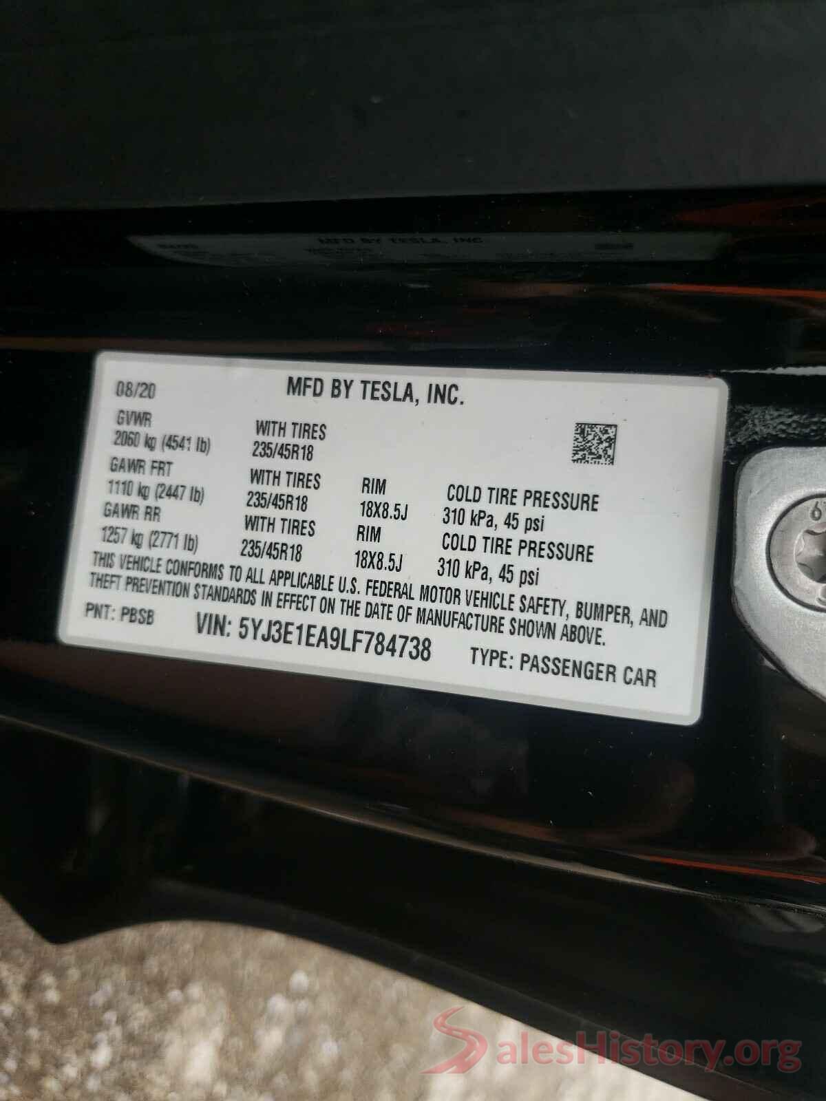 5YJ3E1EA9LF784738 2020 TESLA MODEL 3