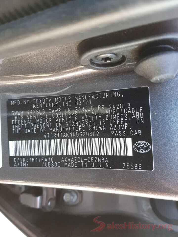 4T1R11AK1NU630602 2022 TOYOTA CAMRY