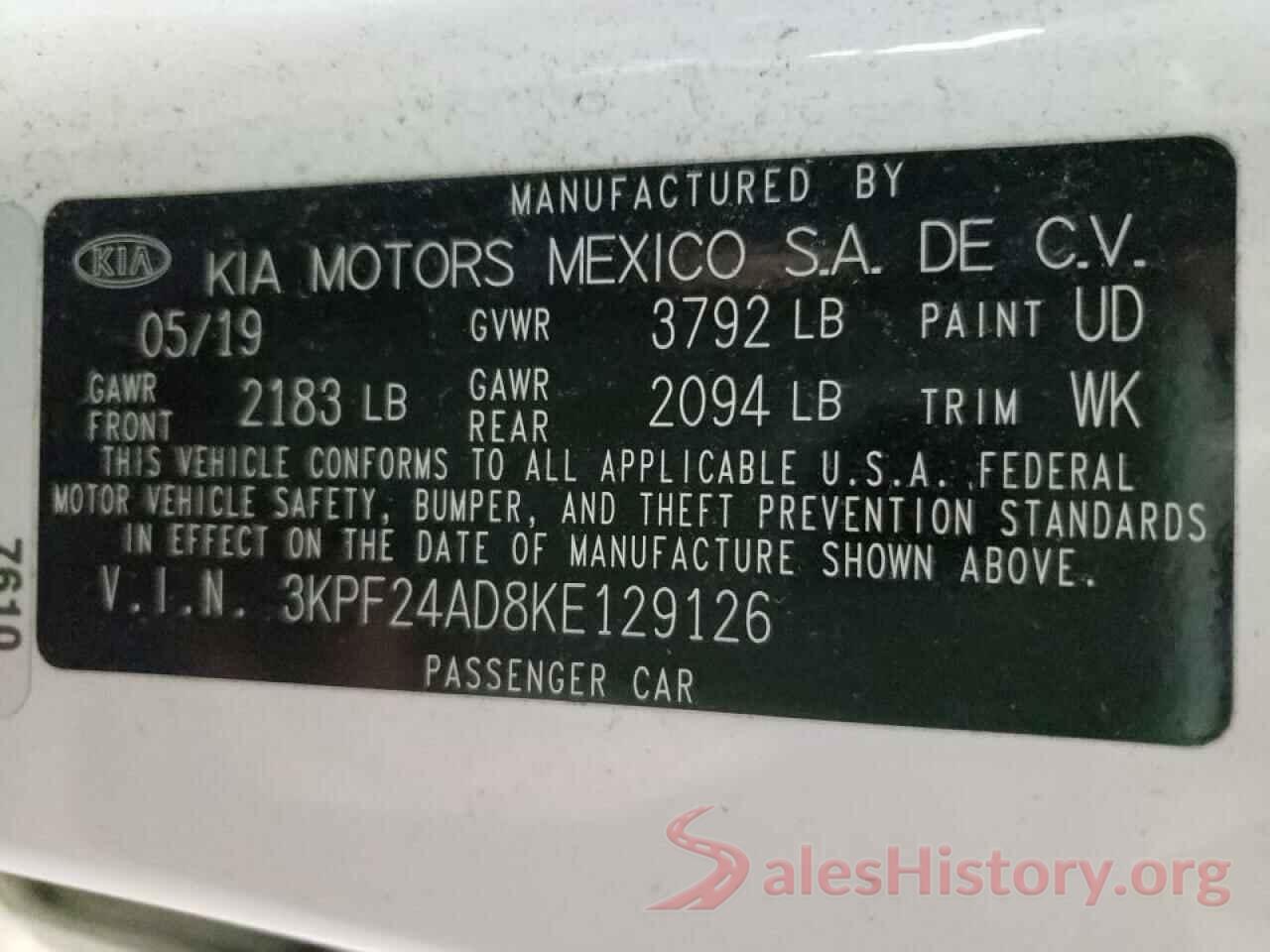 3KPF24AD8KE129126 2019 KIA FORTE