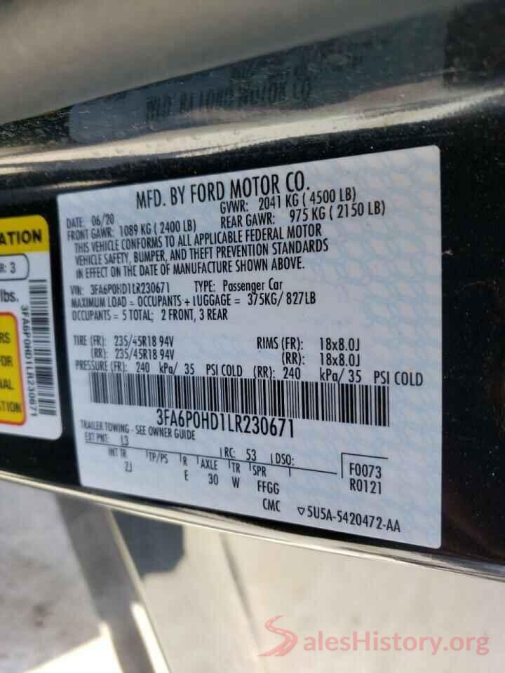 3FA6P0HD1LR230671 2020 FORD FUSION