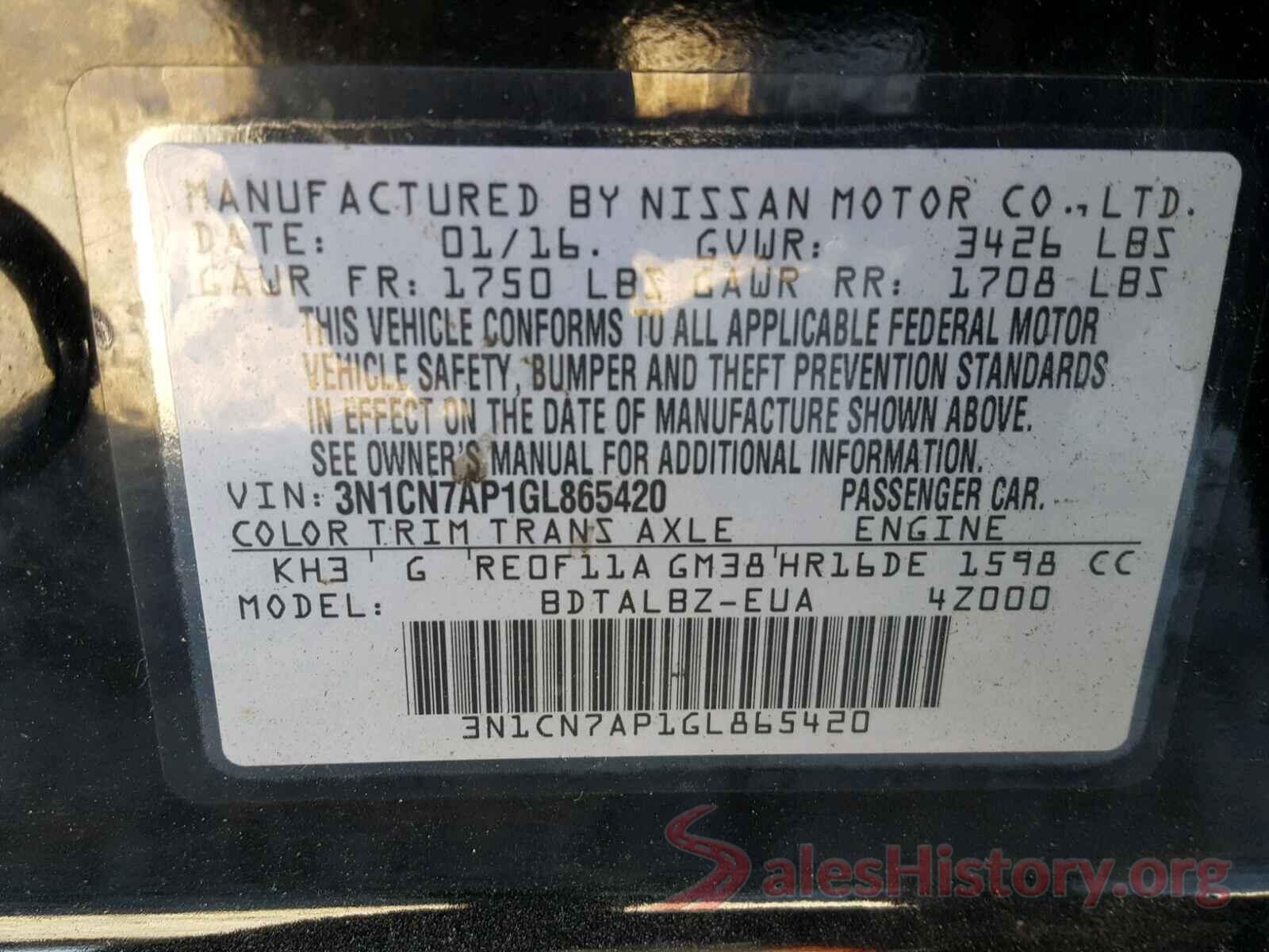 3N1CN7AP1GL865420 2016 NISSAN VERSA