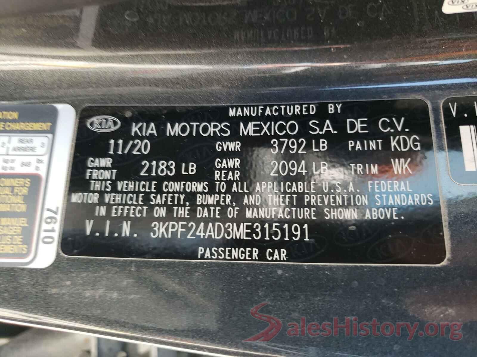 3KPF24AD3ME315191 2021 KIA FORTE