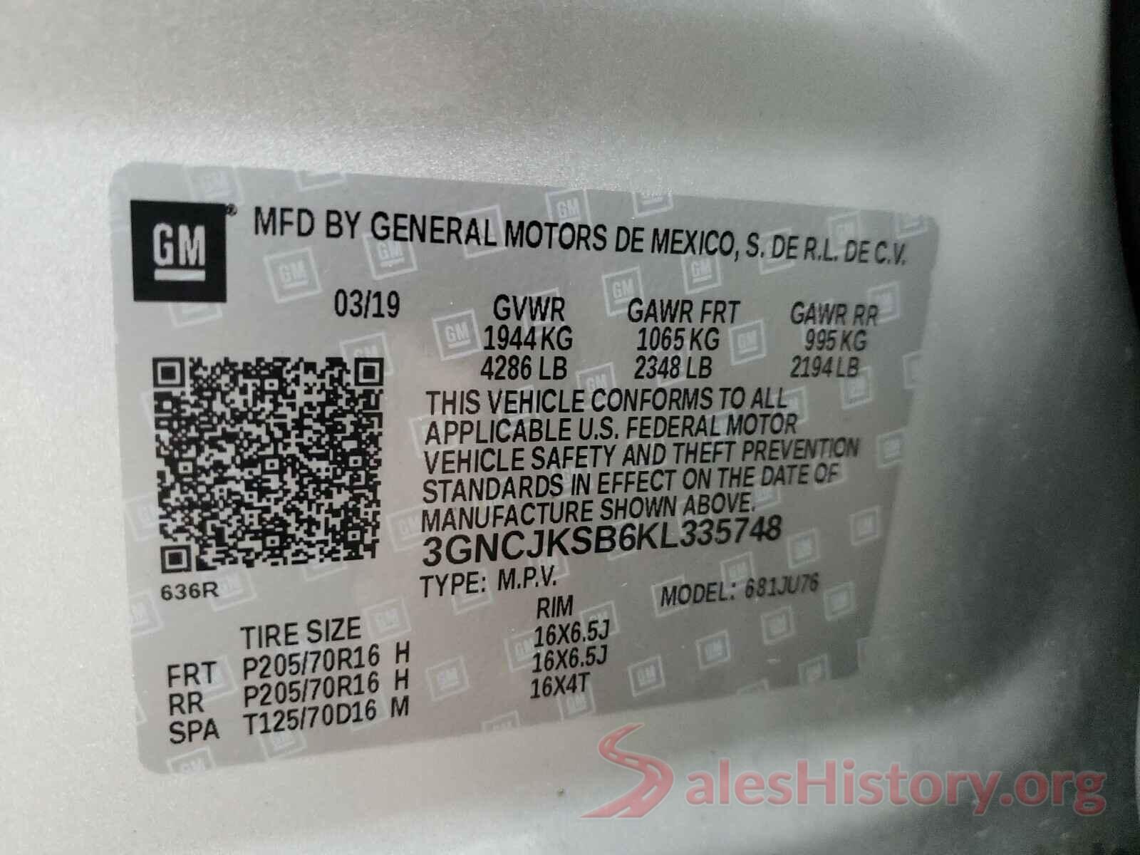 3GNCJKSB6KL335748 2019 CHEVROLET TRAX