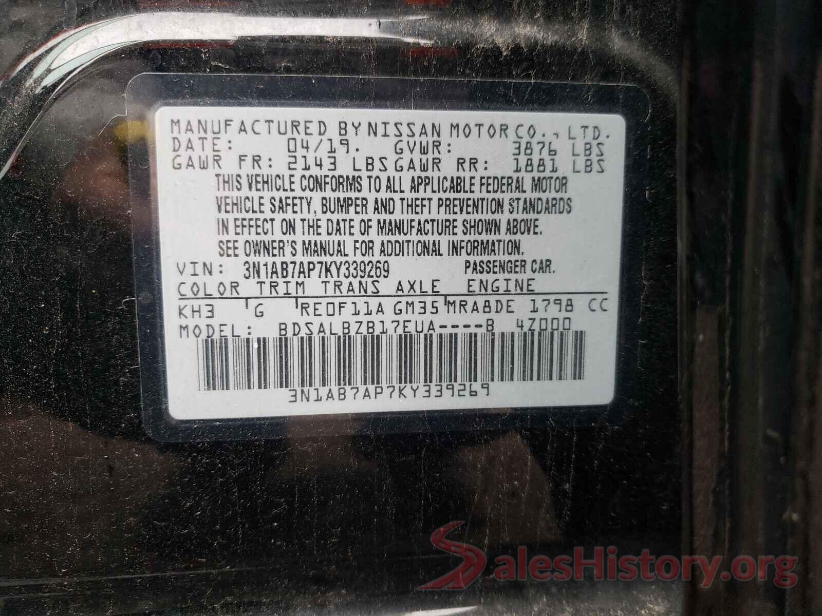 3N1AB7AP7KY339269 2019 NISSAN SENTRA