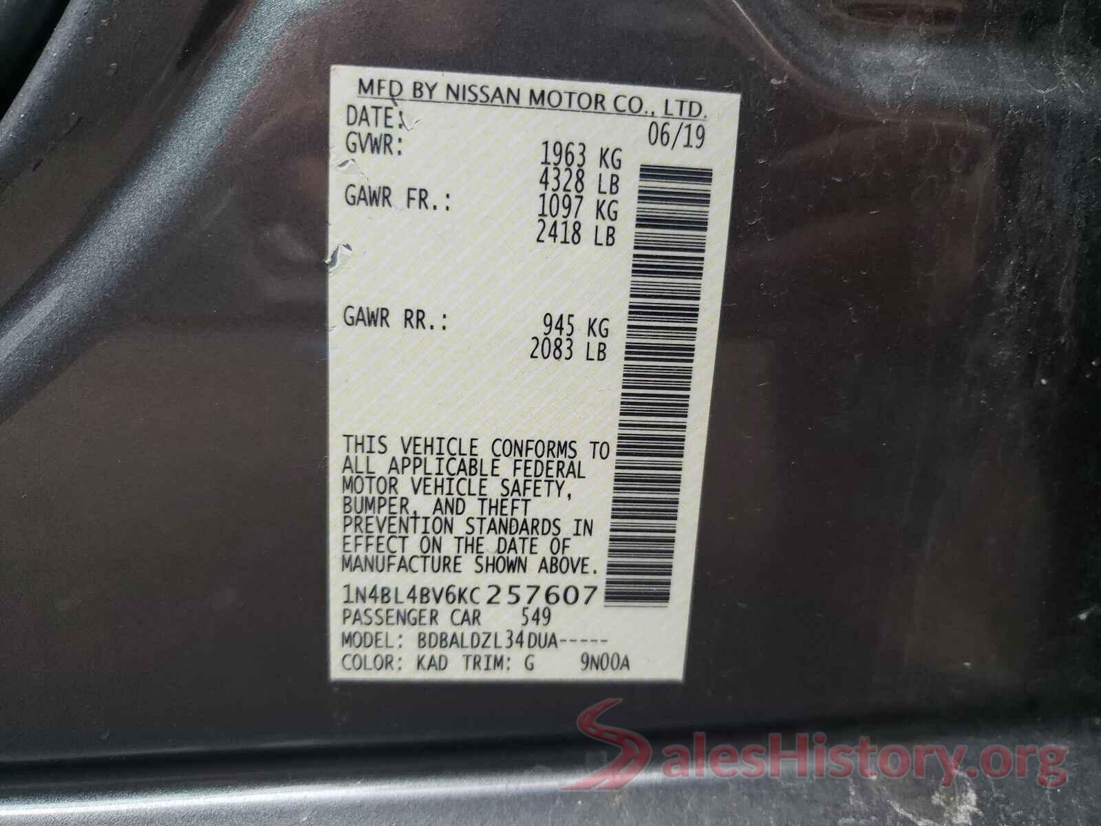 1N4BL4BV6KC257607 2019 NISSAN ALTIMA