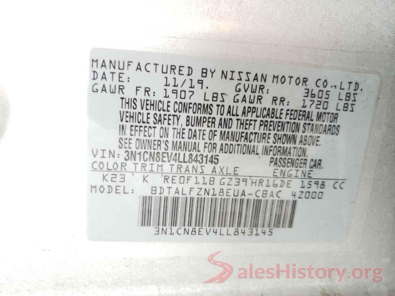 3N1CN8EV4LL843145 2020 NISSAN VERSA