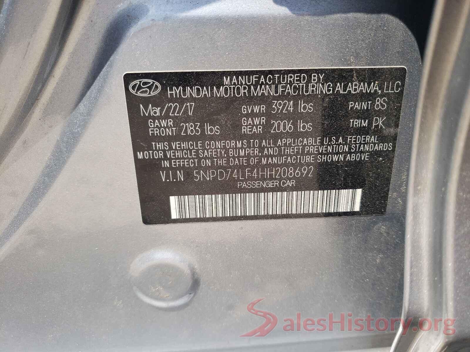 5NPD74LF4HH208692 2017 HYUNDAI ELANTRA