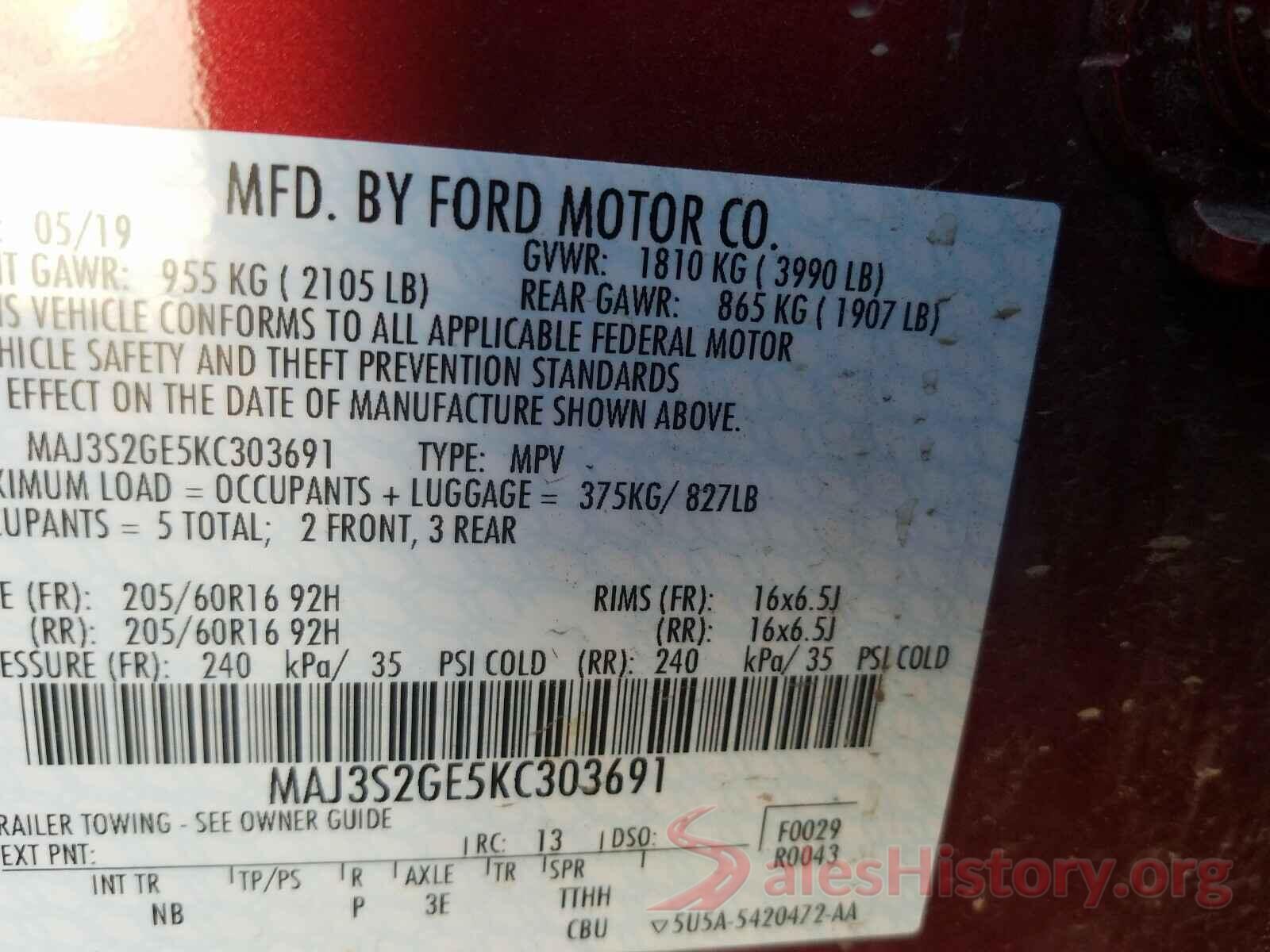 MAJ3S2GE5KC303691 2019 FORD ALL OTHER