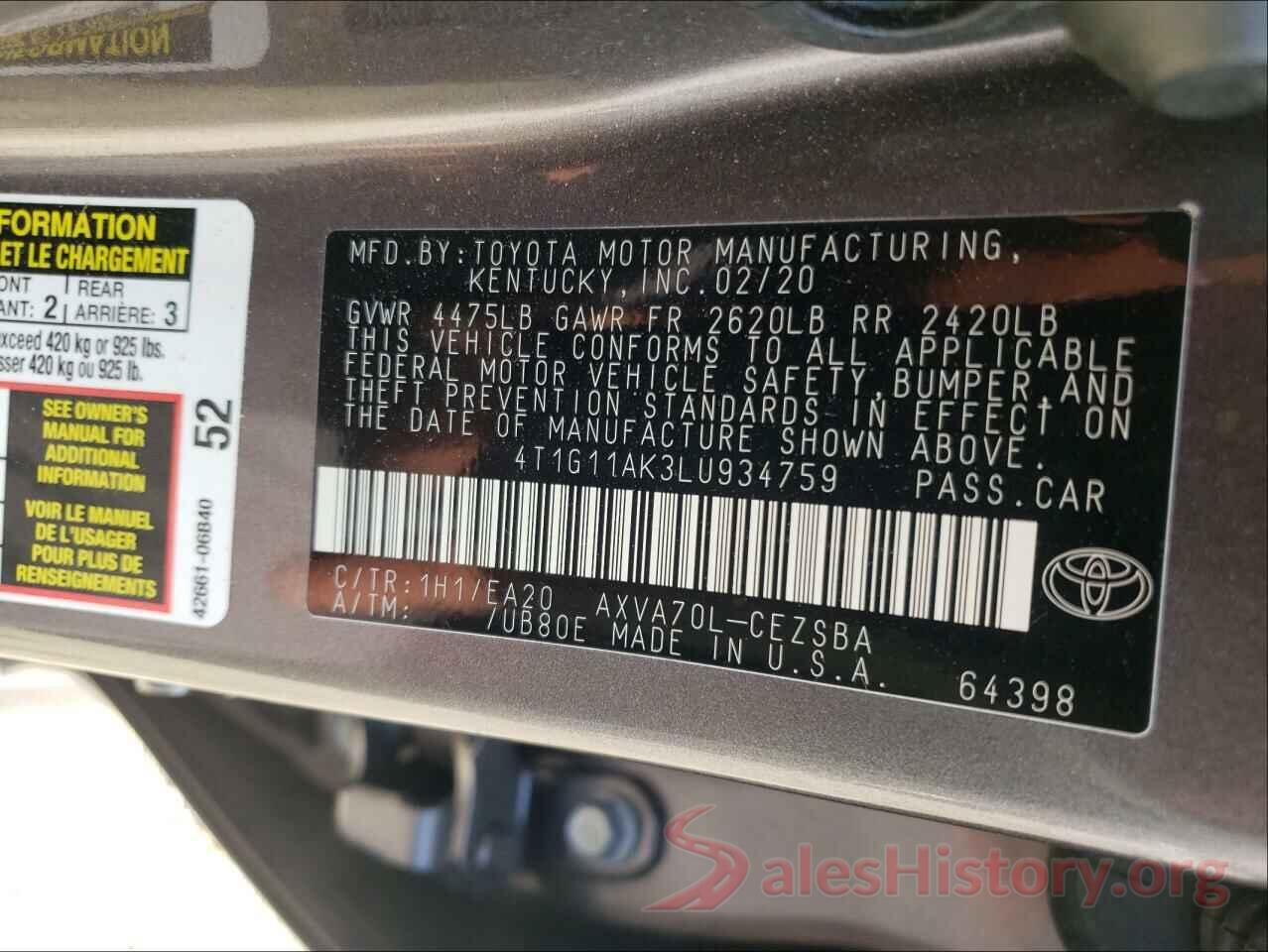 4T1G11AK3LU934759 2020 TOYOTA CAMRY