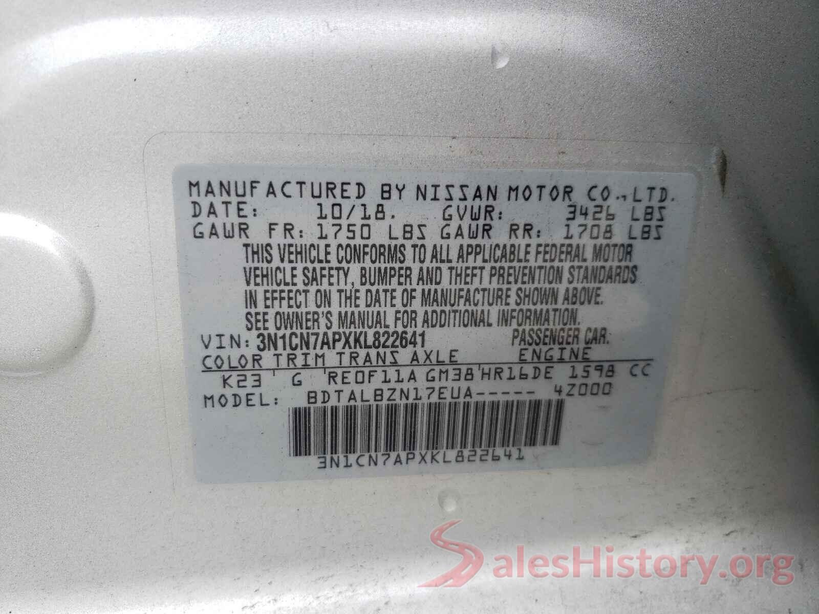 3N1CN7APXKL822641 2019 NISSAN VERSA