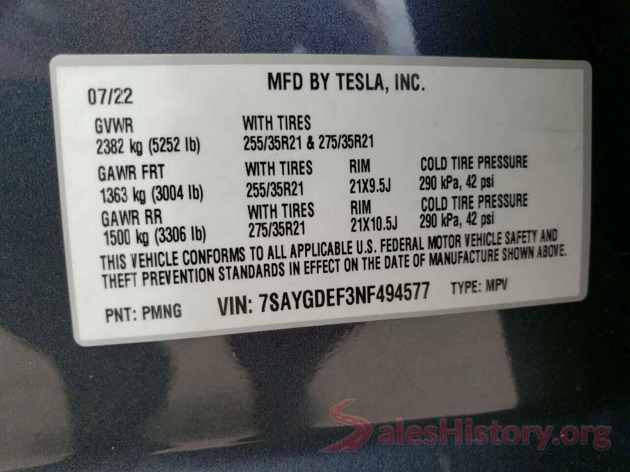 7SAYGDEF3NF494577 2022 TESLA MODEL Y