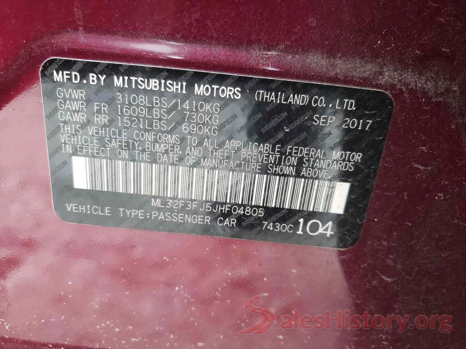 ML32F3FJ5JHF04805 2018 MITSUBISHI MIRAGE