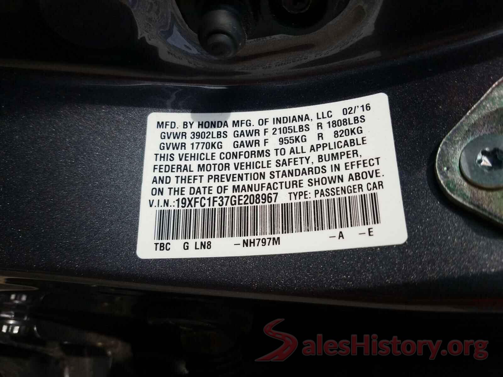 19XFC1F37GE208967 2016 HONDA CIVIC