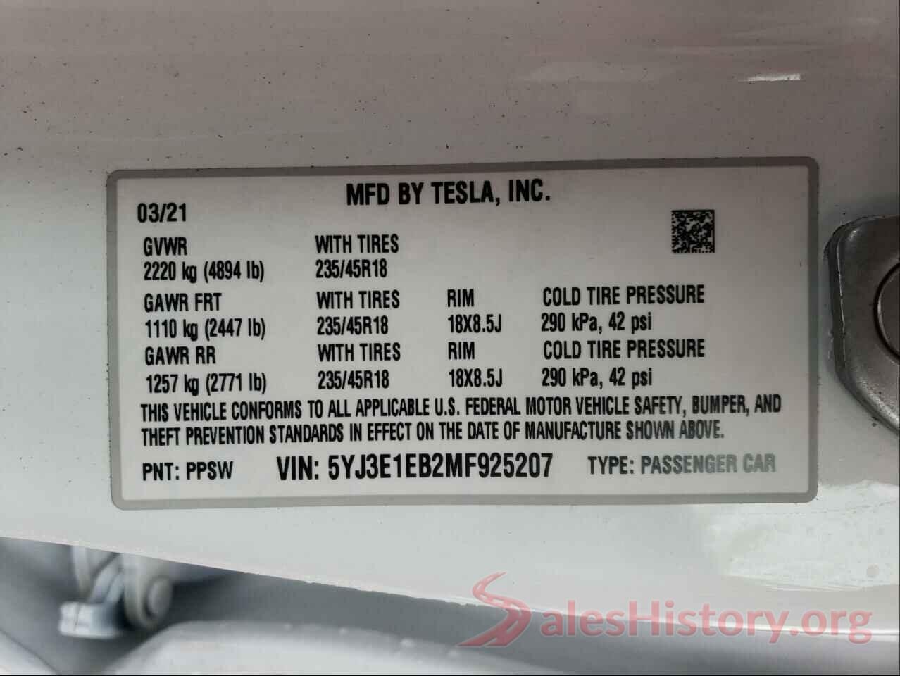 5YJ3E1EB2MF925207 2021 TESLA MODEL 3