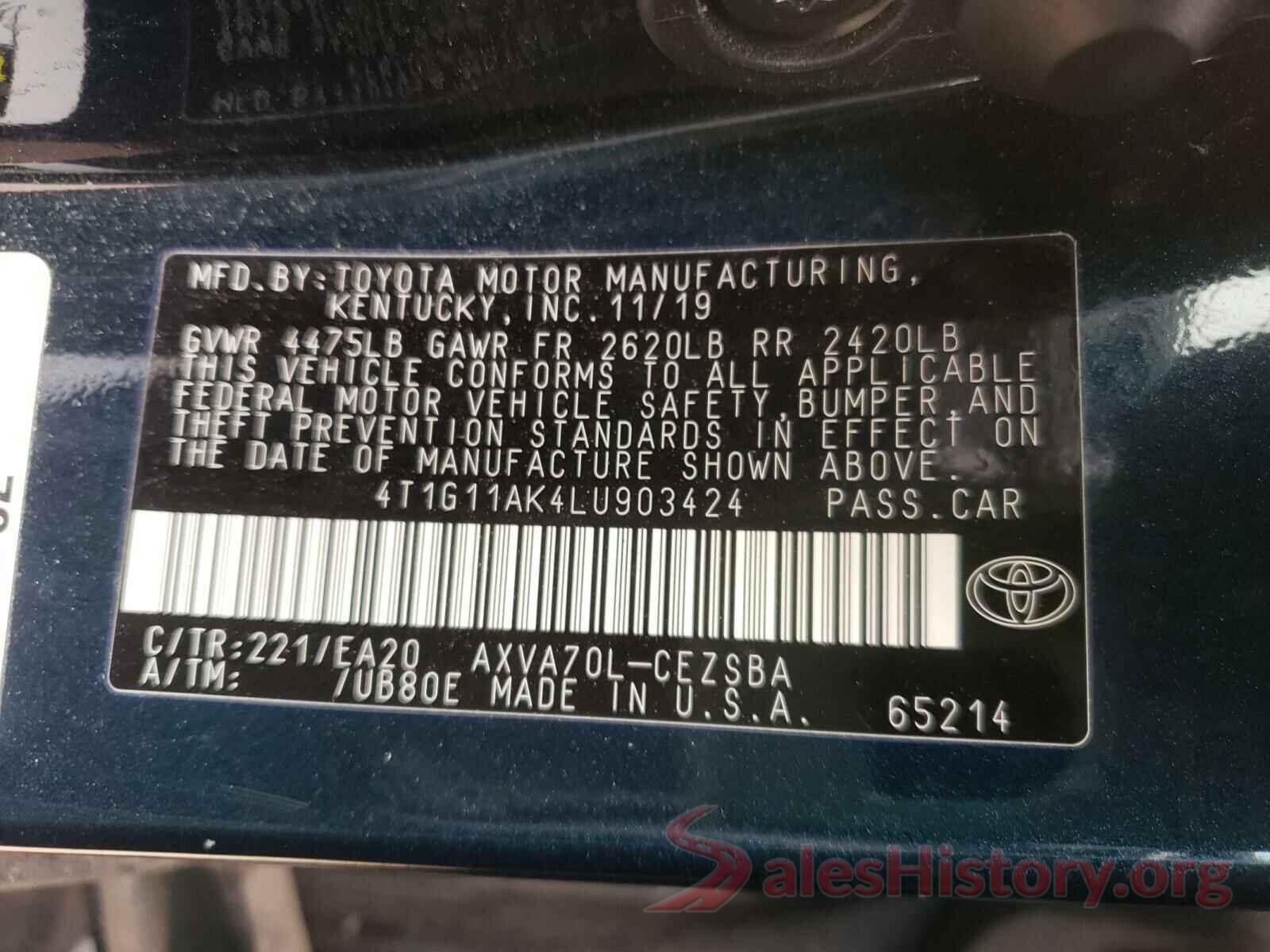 4T1G11AK4LU903424 2020 TOYOTA CAMRY