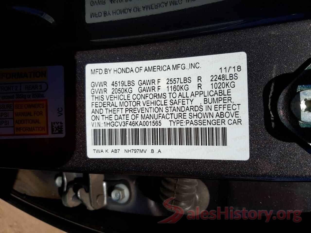 1HGCV3F46KA001565 2019 HONDA ACCORD