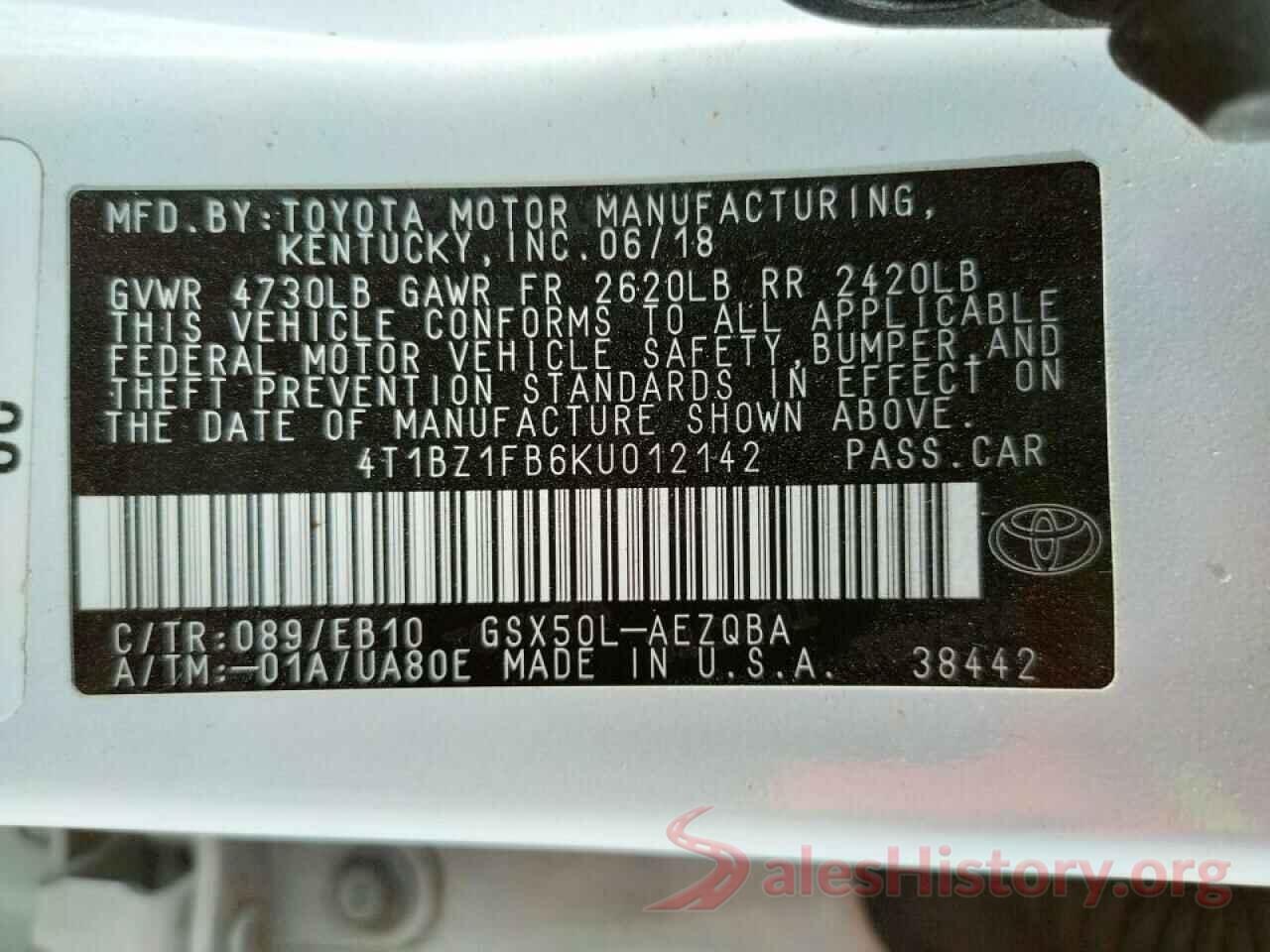 4T1BZ1FB6KU012142 2019 TOYOTA AVALON