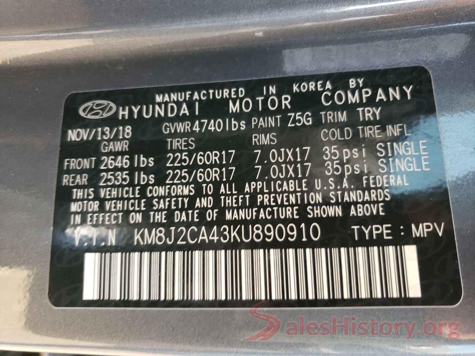 KM8J2CA43KU890910 2019 HYUNDAI TUCSON