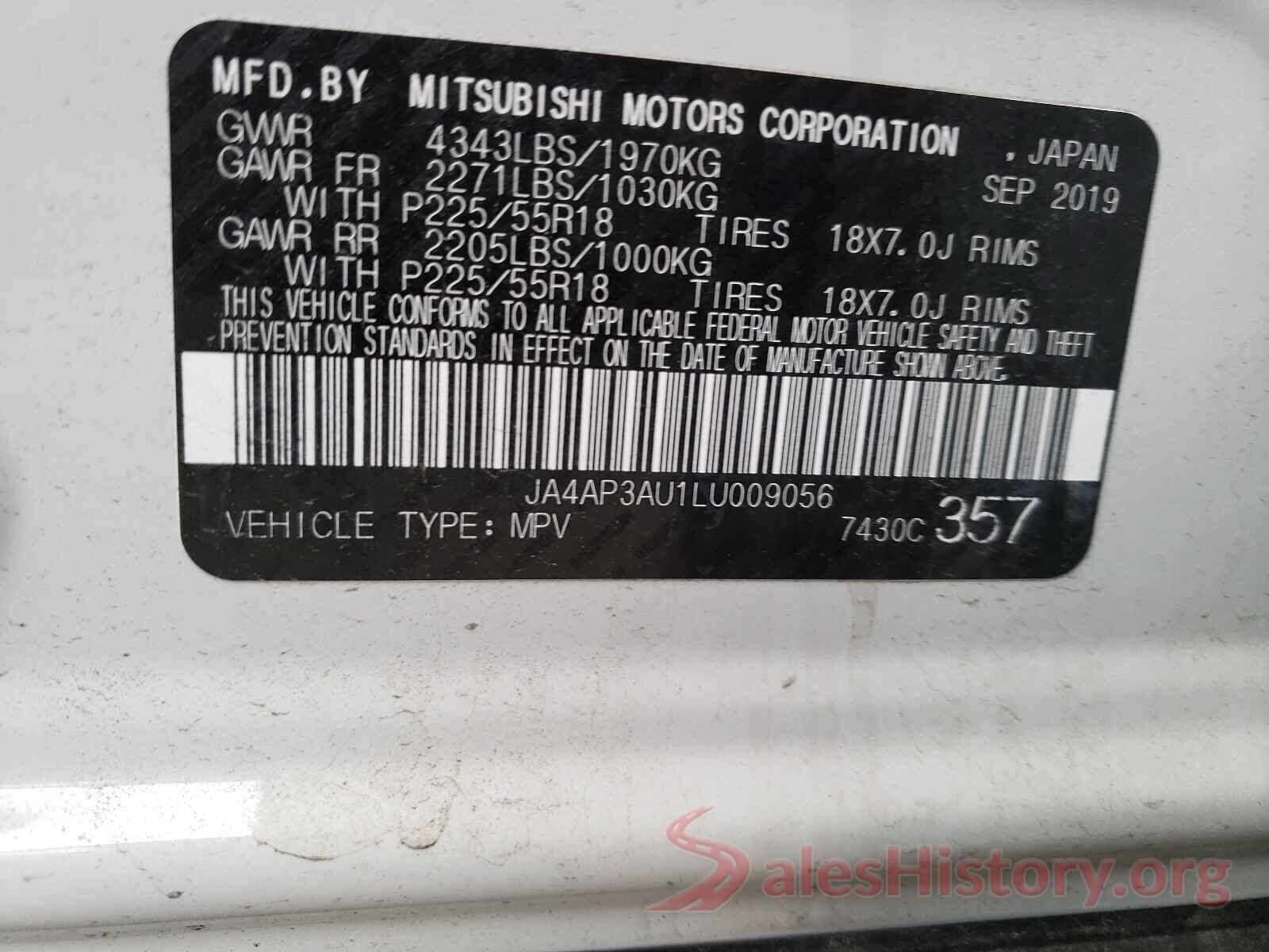 JA4AP3AU1LU009056 2020 MITSUBISHI OUTLANDER