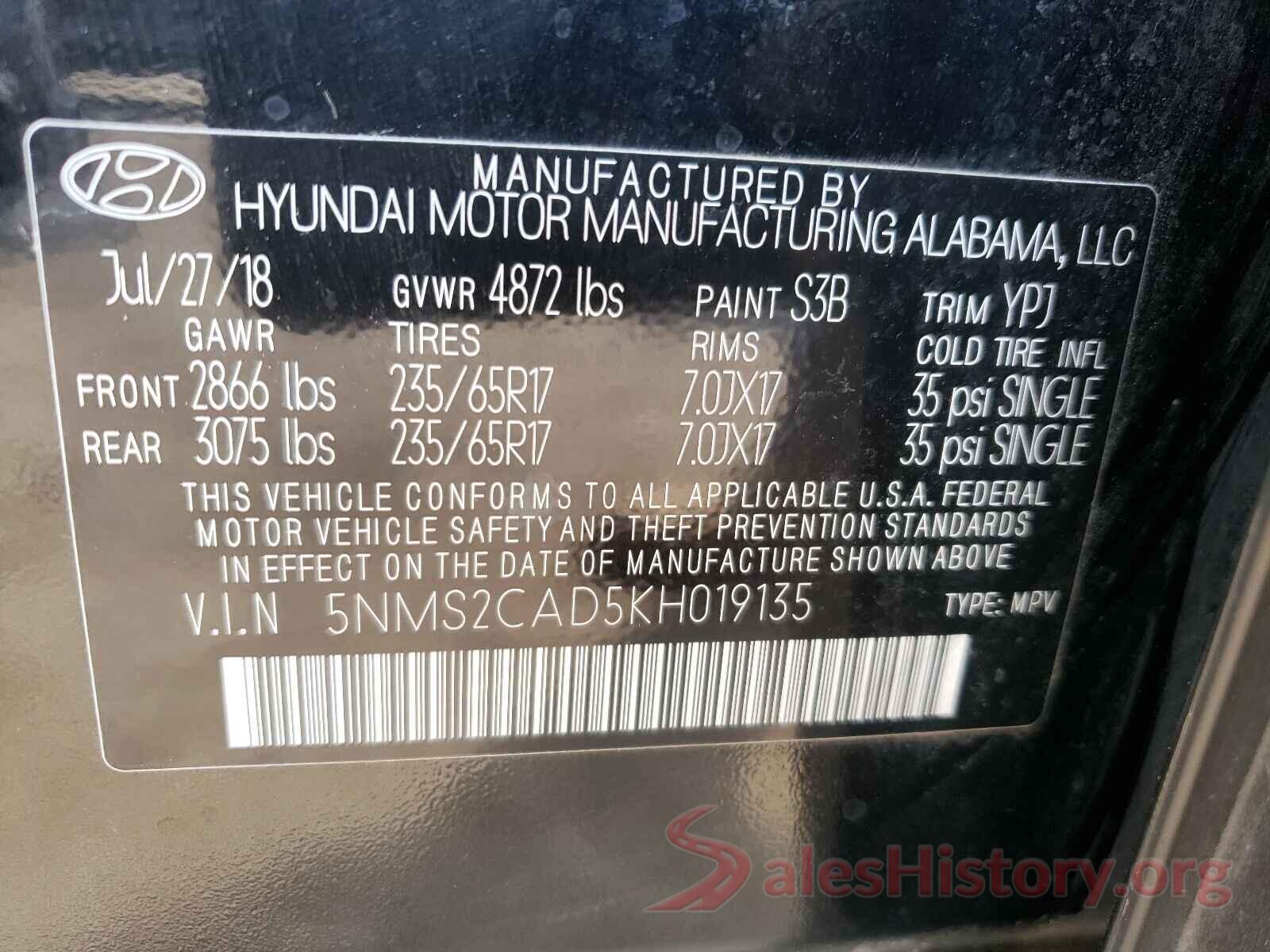 5NMS2CAD5KH019135 2019 HYUNDAI SANTA FE