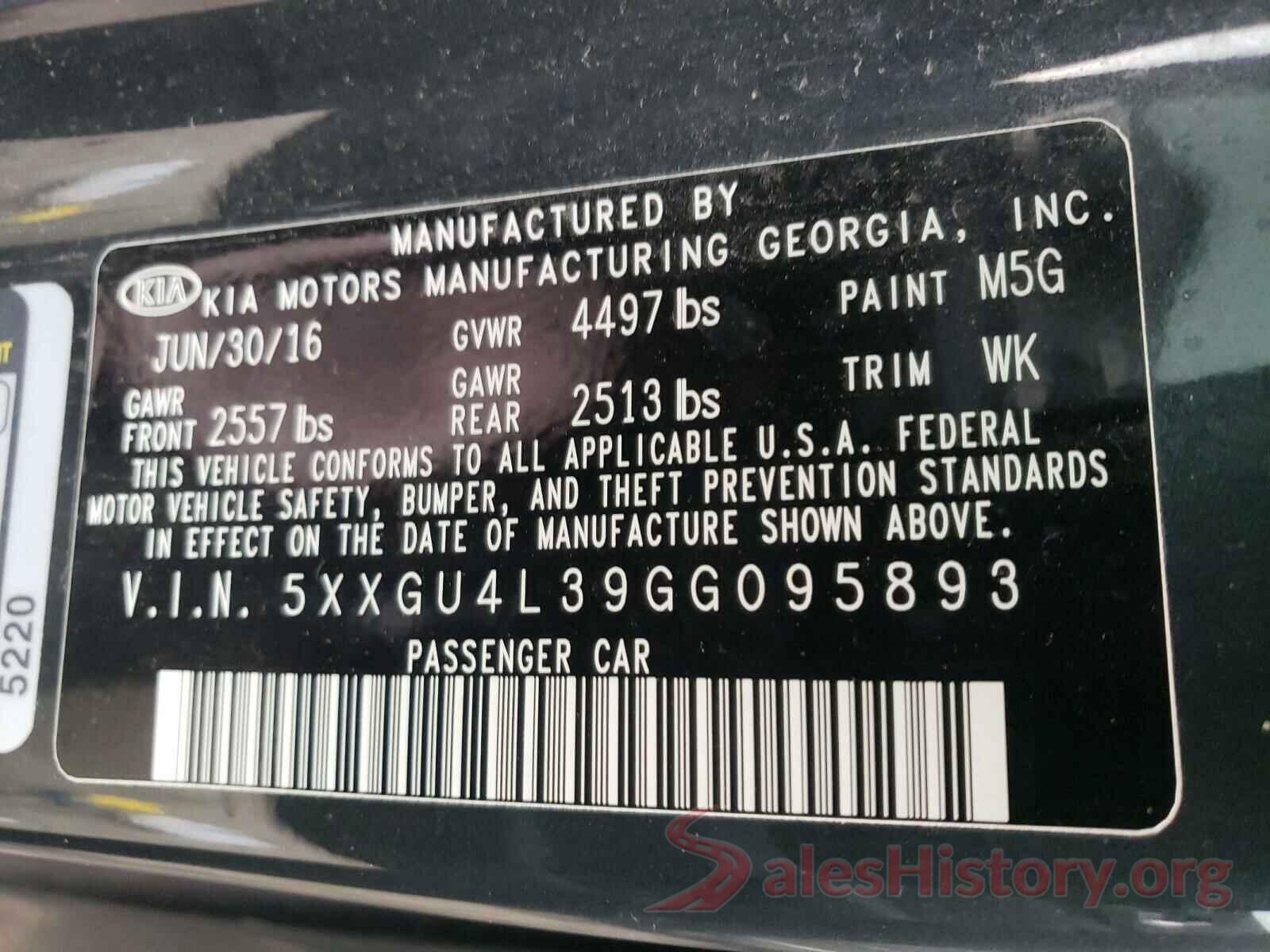 5XXGU4L39GG095893 2016 KIA OPTIMA