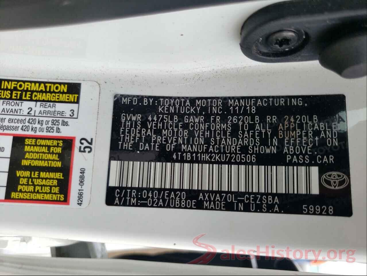 4T1B11HK2KU720506 2019 TOYOTA CAMRY