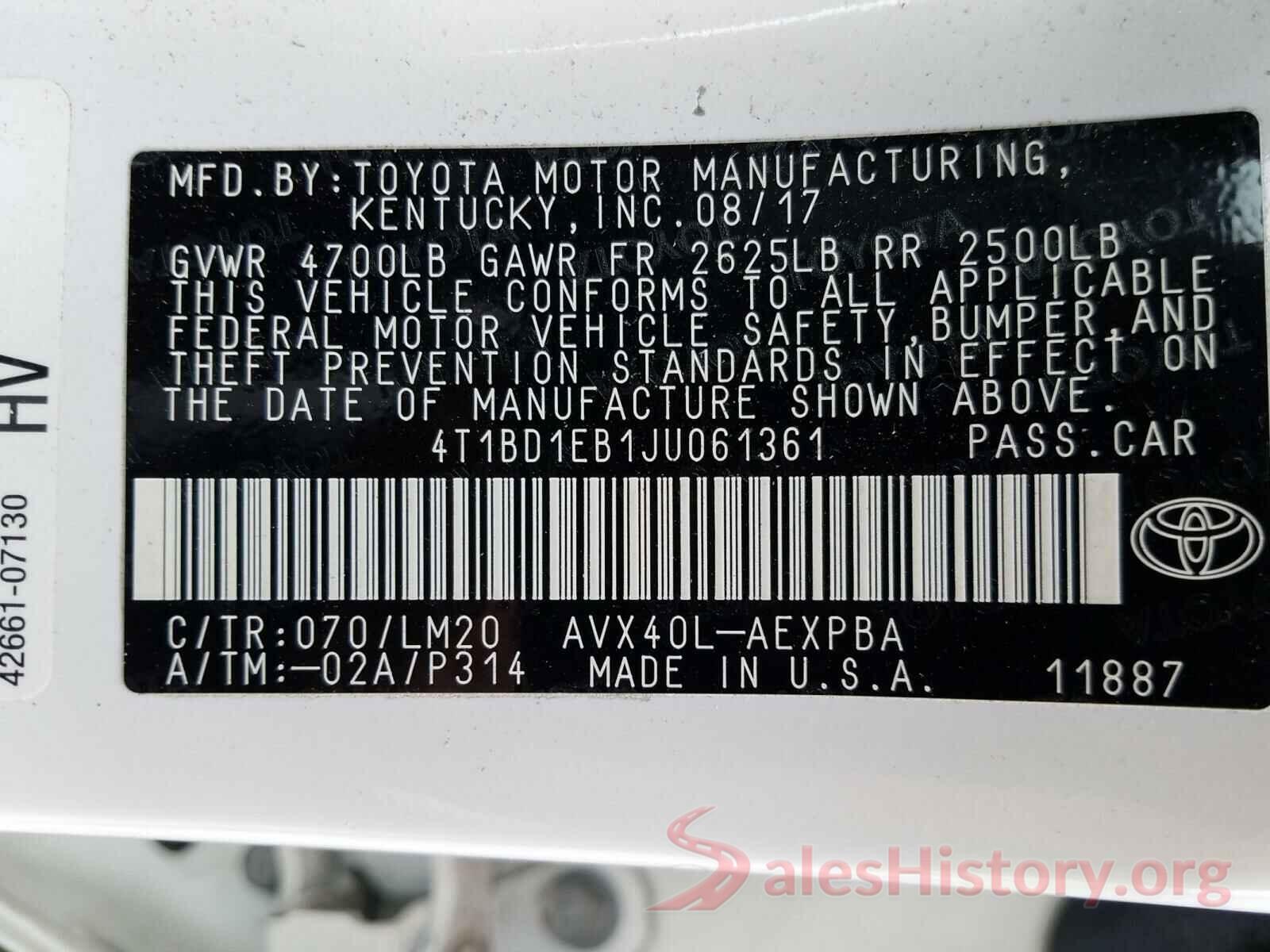 4T1BD1EB1JU061361 2018 TOYOTA AVALON