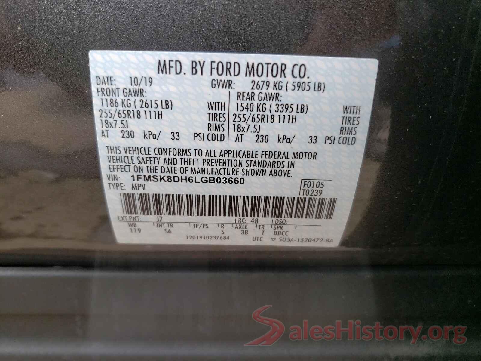 1FMSK8DH6LGB03660 2020 FORD EXPLORER