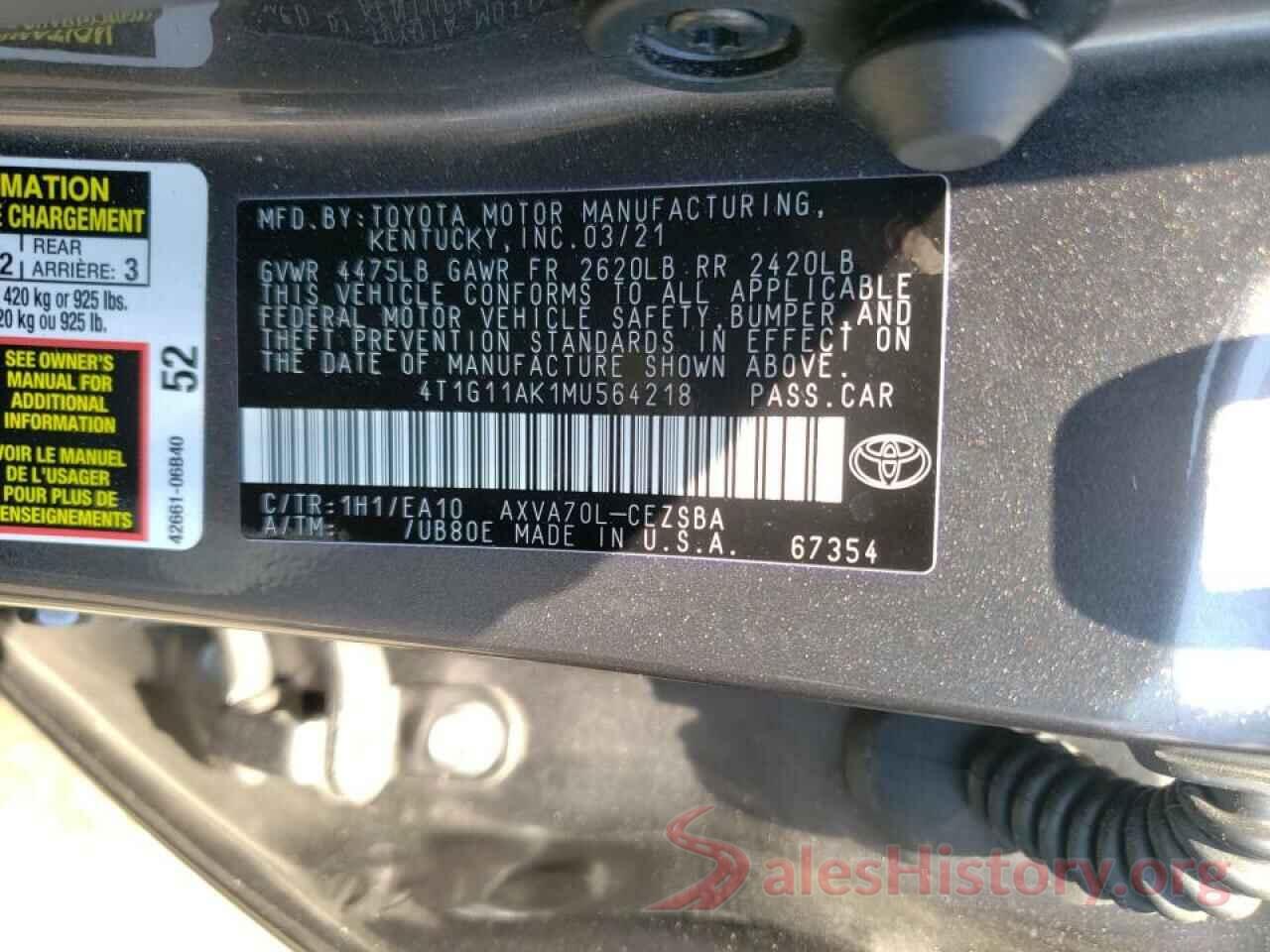 4T1G11AK1MU564218 2021 TOYOTA CAMRY