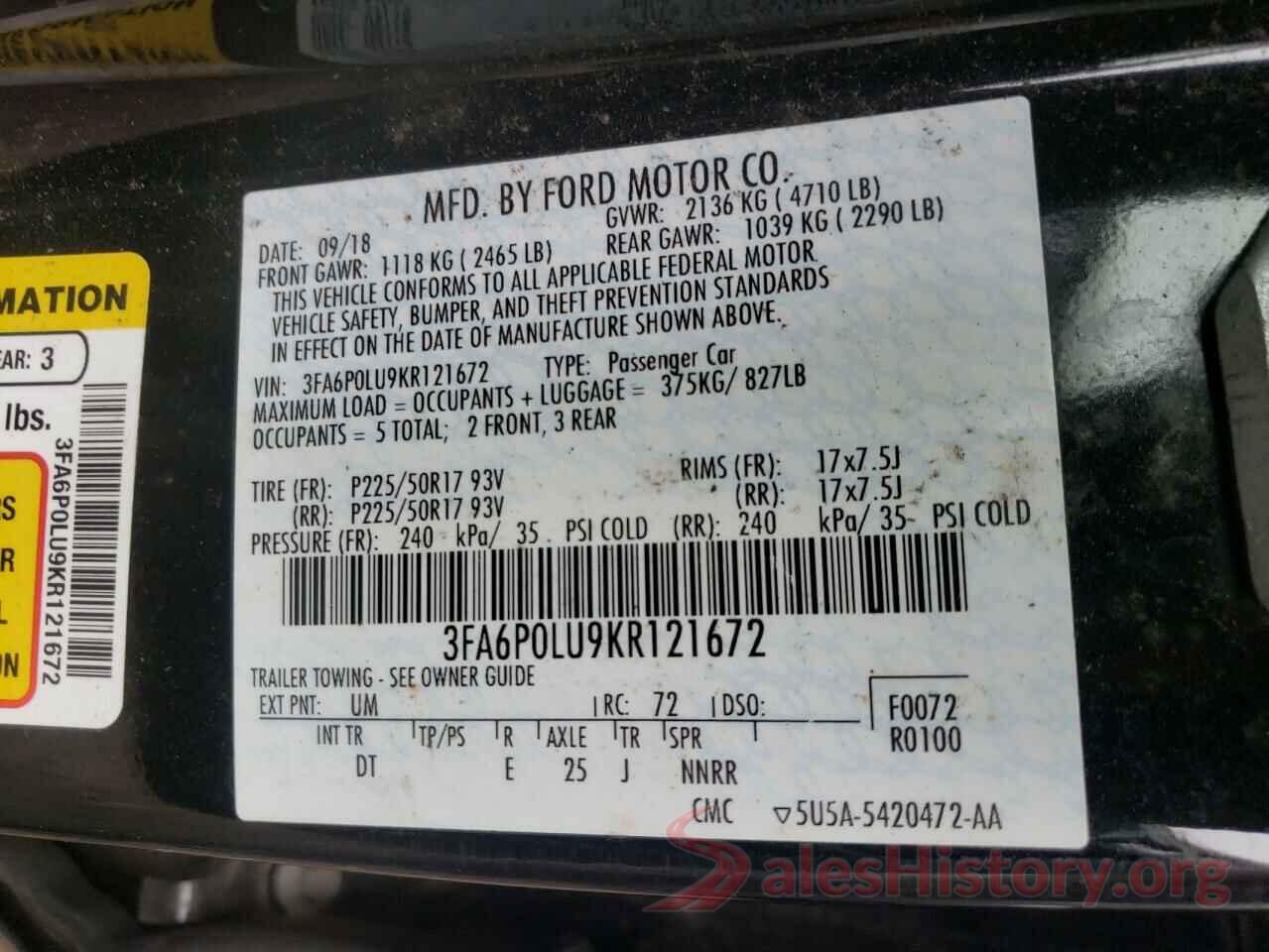 3FA6P0LU9KR121672 2019 FORD FUSION