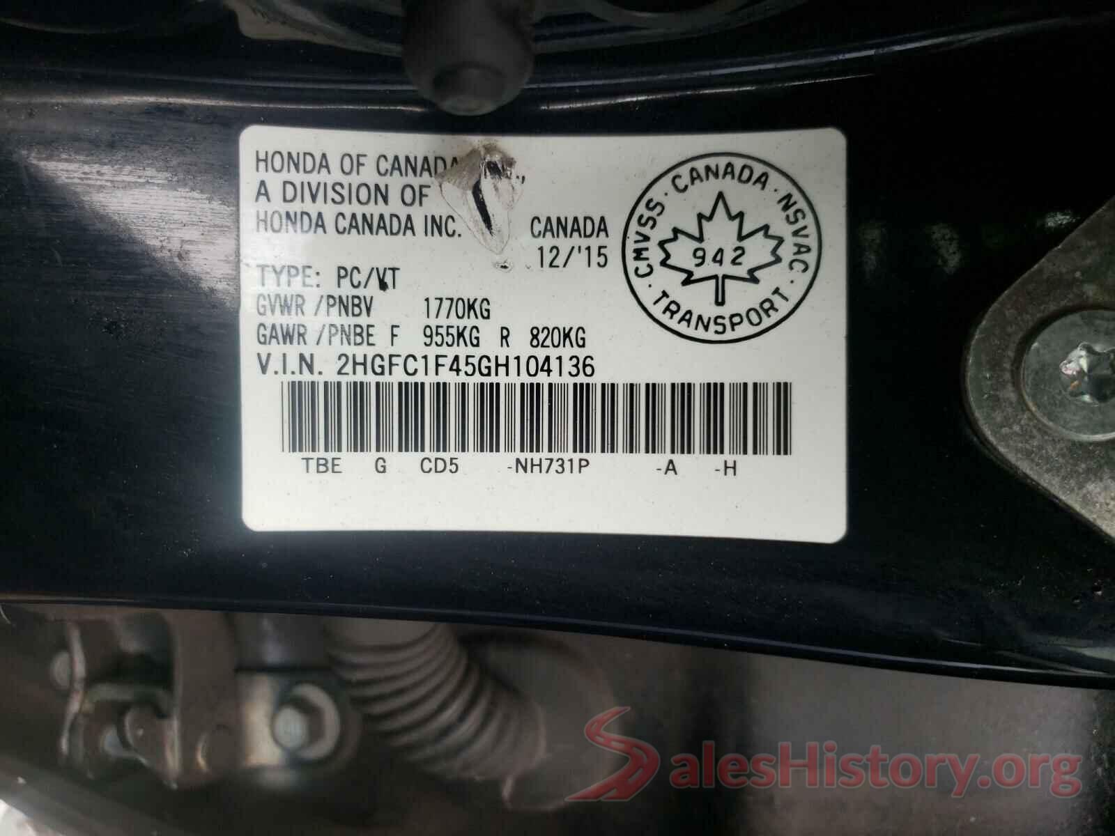 2HGFC1F45GH104136 2016 HONDA CIVIC