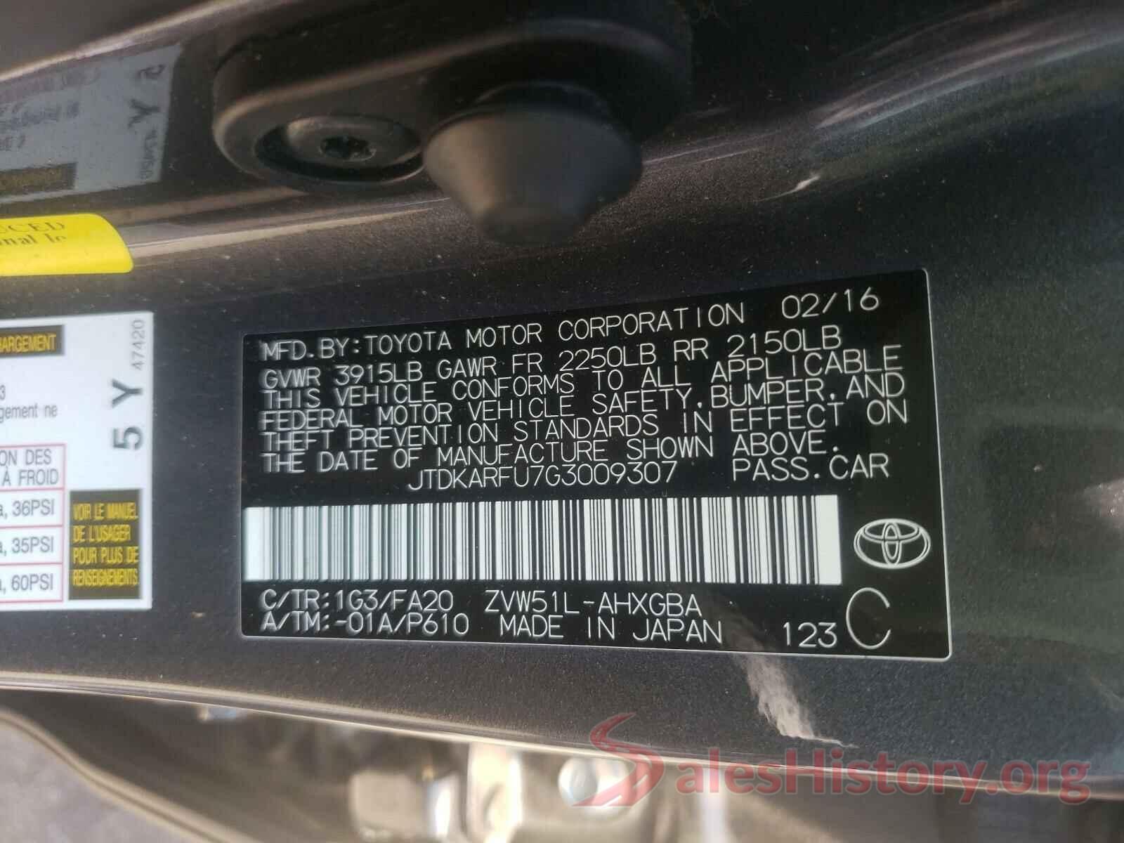 JTDKARFU7G3009307 2016 TOYOTA PRIUS