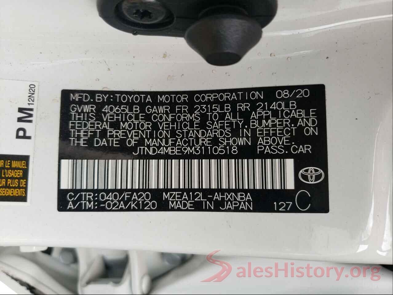 JTND4MBE9M3110518 2021 TOYOTA COROLLA