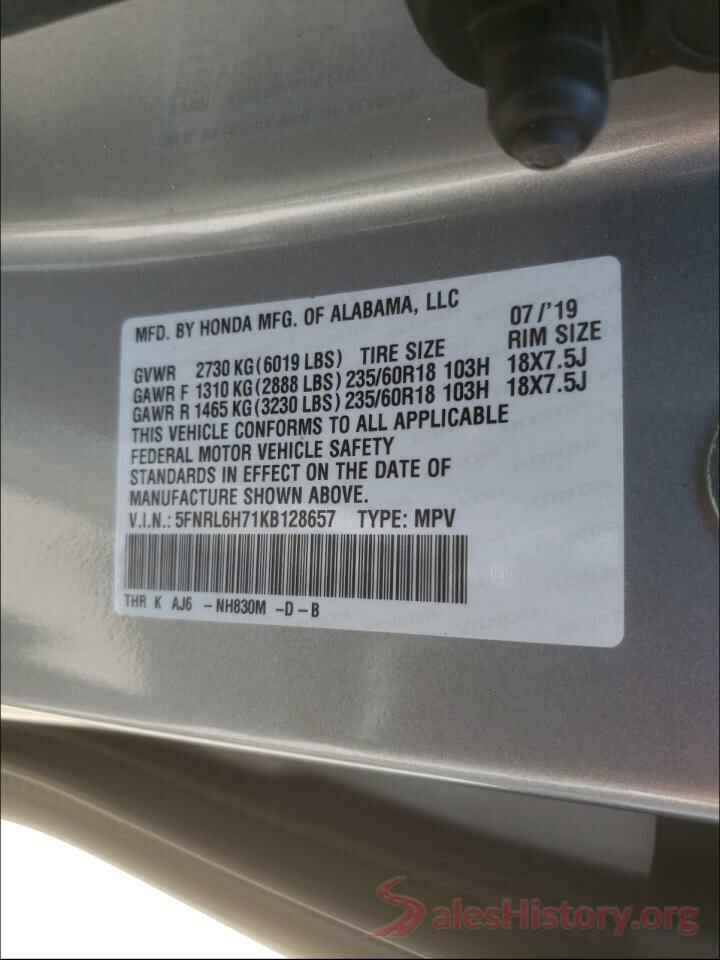 5FNRL6H71KB128657 2019 HONDA ODYSSEY