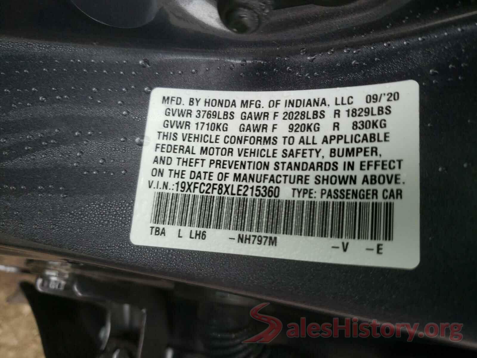 19XFC2F8XLE215360 2020 HONDA CIVIC