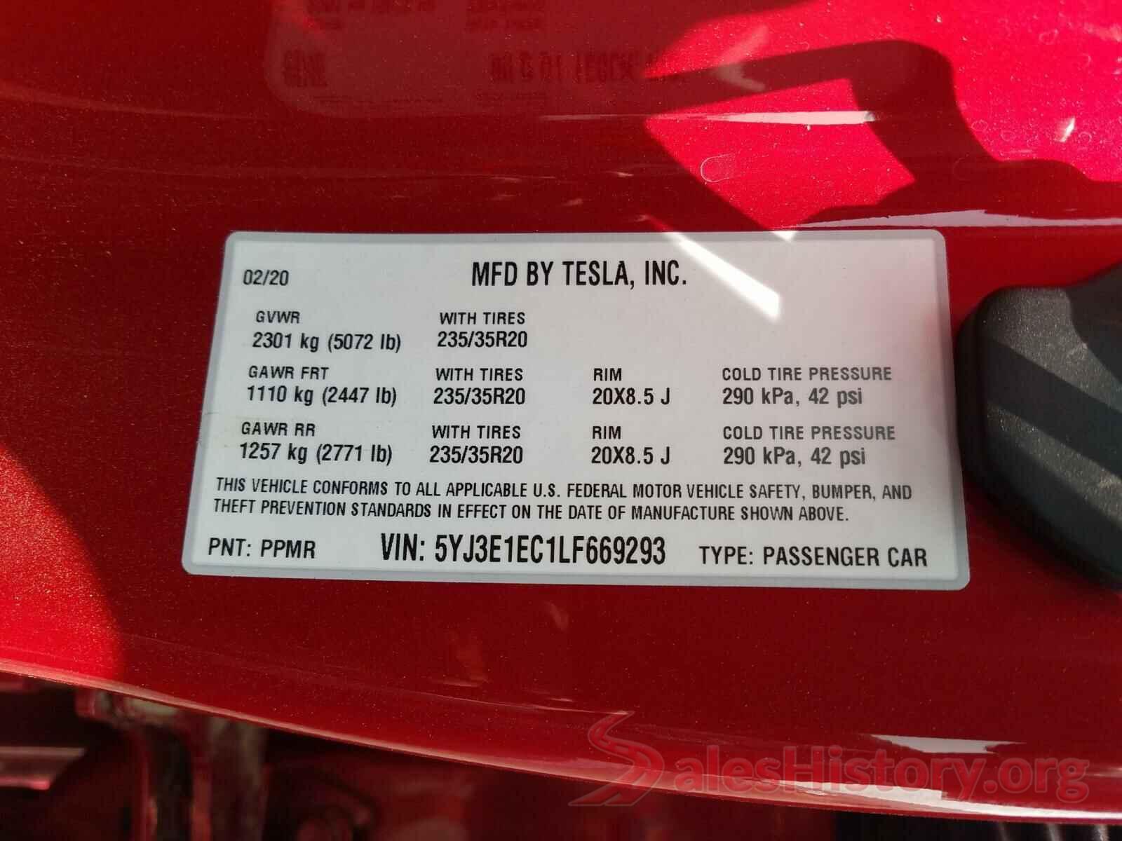 5YJ3E1EC1LF669293 2020 TESLA MODEL 3