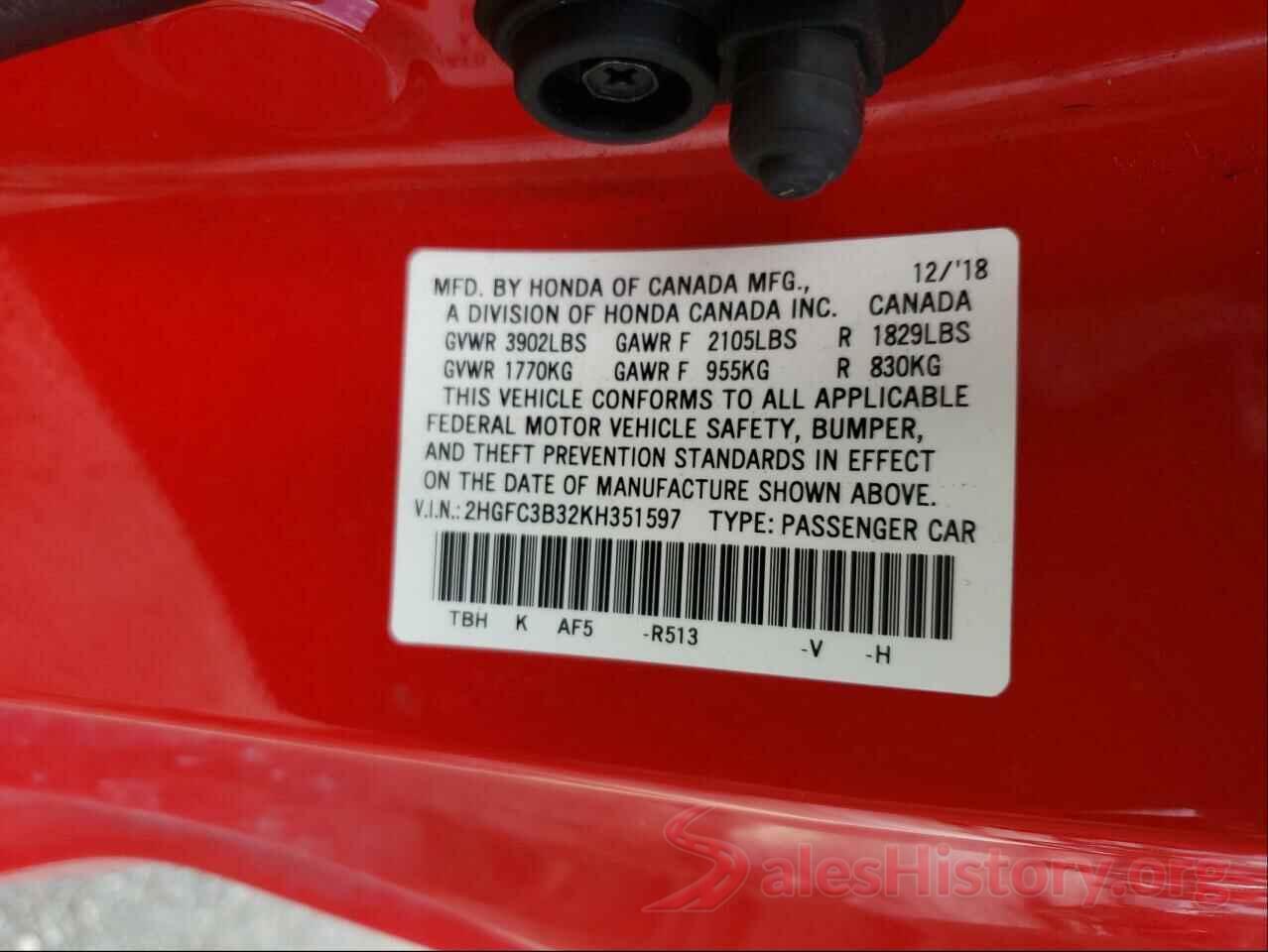 2HGFC3B32KH351597 2019 HONDA CIVIC